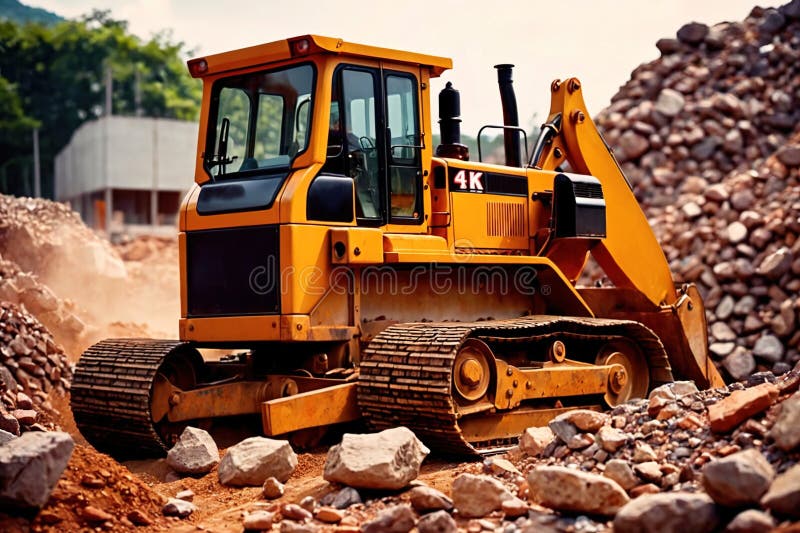 Bulldozer moving rocks at construction site or mine quarry photo. Bulldozer moving rocks at construction site or mine quarry photo