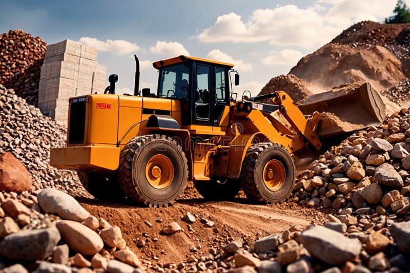 Bulldozer moving rocks at construction site or mine quarry photo. Bulldozer moving rocks at construction site or mine quarry photo