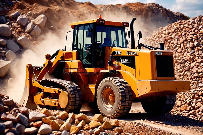 Bulldozer moving rocks at construction site or mine quarry photo. Bulldozer moving rocks at construction site or mine quarry photo