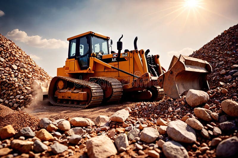 Bulldozer moving rocks at construction site or mine quarry photo. Bulldozer moving rocks at construction site or mine quarry photo