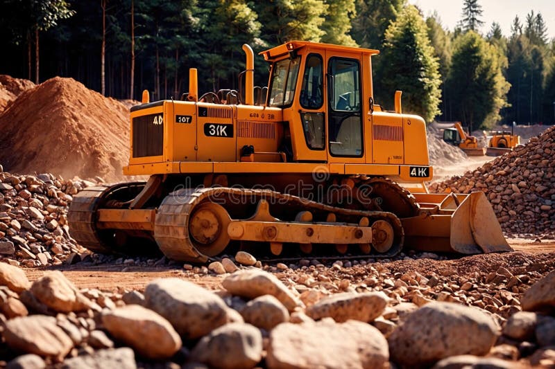 Bulldozer moving rocks at construction site or mine quarry photo. Bulldozer moving rocks at construction site or mine quarry photo