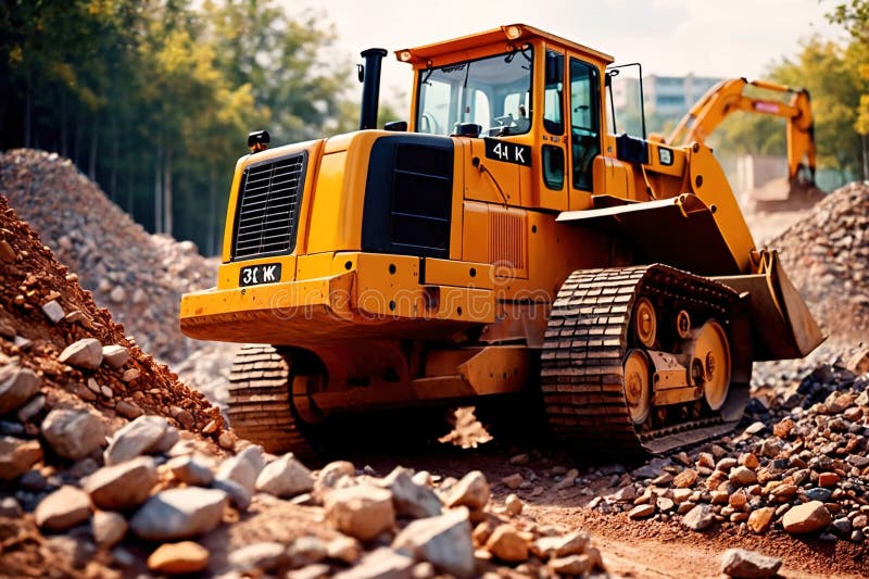 Bulldozer moving rocks at construction site or mine quarry photo. Bulldozer moving rocks at construction site or mine quarry photo