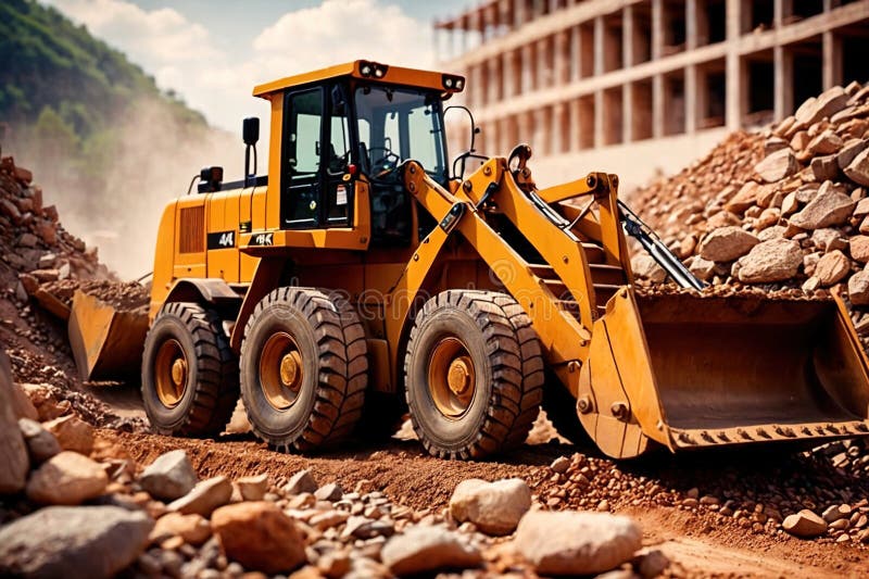 Bulldozer moving rocks at construction site or mine quarry photo. Bulldozer moving rocks at construction site or mine quarry photo