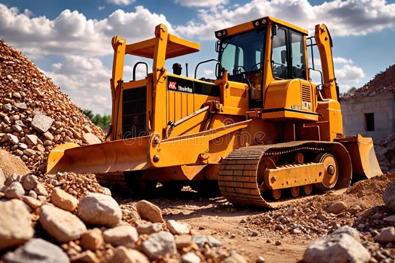 Bulldozer moving rocks at construction site or mine quarry photo. Bulldozer moving rocks at construction site or mine quarry photo