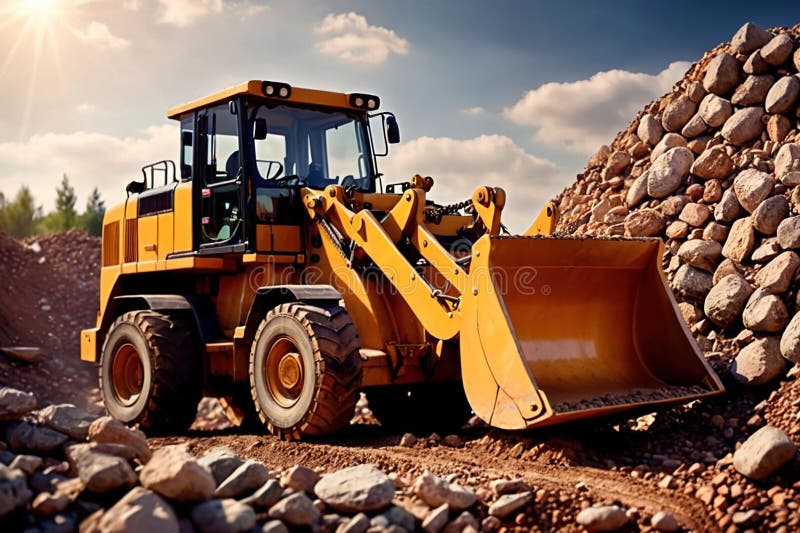 Bulldozer moving rocks at construction site or mine quarry photo. Bulldozer moving rocks at construction site or mine quarry photo