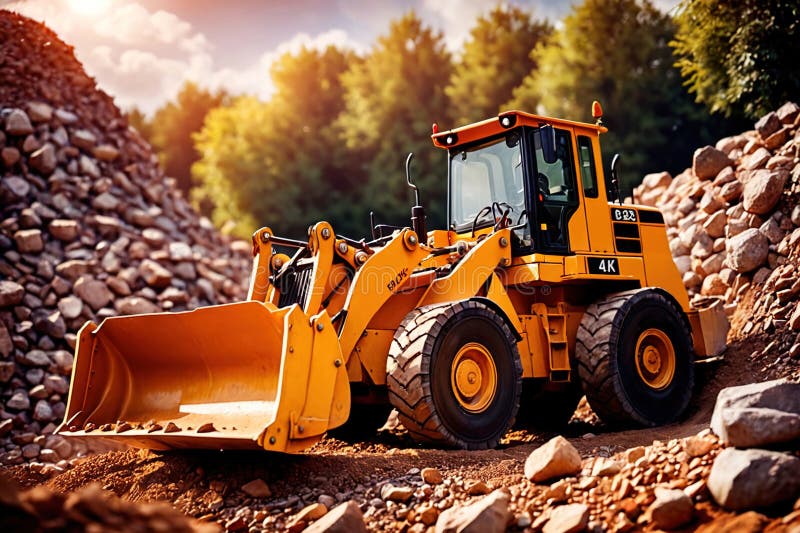 Bulldozer moving rocks at construction site or mine quarry photo. Bulldozer moving rocks at construction site or mine quarry photo