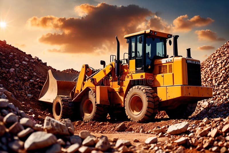 Bulldozer moving rocks at construction site or mine quarry photo. Bulldozer moving rocks at construction site or mine quarry photo