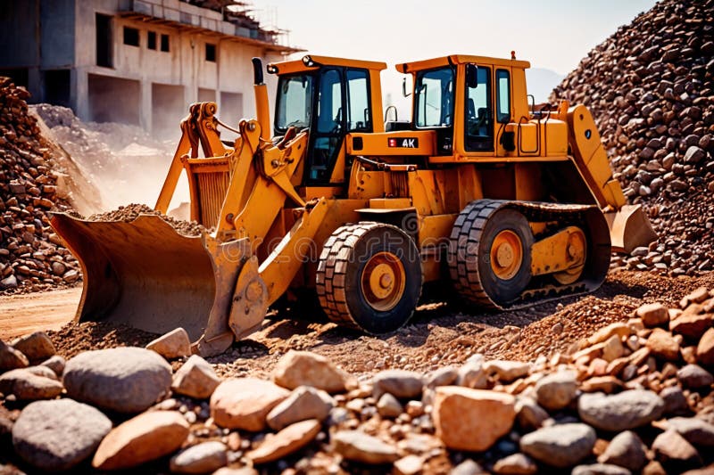 Bulldozer moving rocks at construction site or mine quarry photo. Bulldozer moving rocks at construction site or mine quarry photo