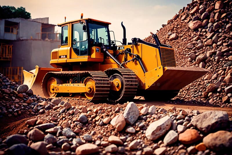 Bulldozer moving rocks at construction site or mine quarry photo. Bulldozer moving rocks at construction site or mine quarry photo