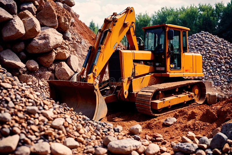 Bulldozer moving rocks at construction site or mine quarry photo. Bulldozer moving rocks at construction site or mine quarry photo