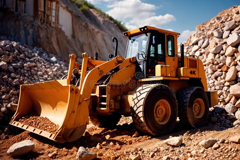 Bulldozer moving rocks at construction site or mine quarry photo. Bulldozer moving rocks at construction site or mine quarry photo