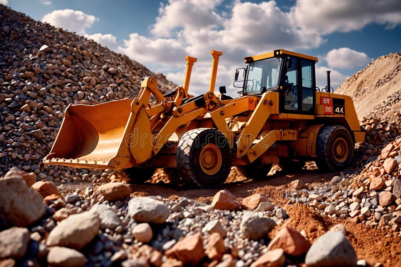 Bulldozer moving rocks at construction site or mine quarry photo. Bulldozer moving rocks at construction site or mine quarry photo