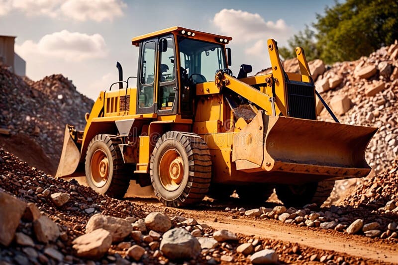 Bulldozer moving rocks at construction site or mine quarry photo. Bulldozer moving rocks at construction site or mine quarry photo