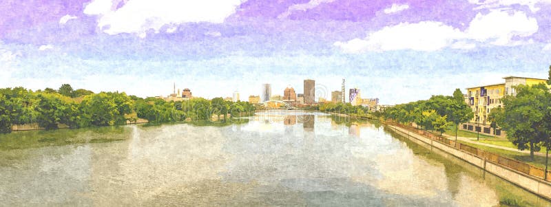 Rochester NY linia horyzontu, Panoramiczny format, nafcianej farby cyfrowa grafika obrazy royalty free Rochester NY linia horyzontu, Panoramiczny format, nafcianej farby cyfrowa grafika obrazy royalty free