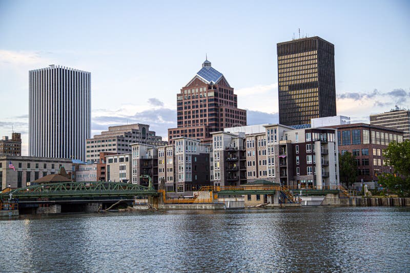 Skyline of Rochester, New York along Genesee River at sunset. Skyline of Rochester, New York along Genesee River at sunset