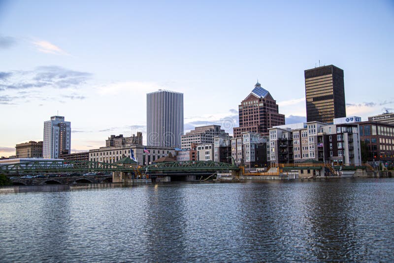 Skyline of Rochester, New York along Genesee River at sunset. Skyline of Rochester, New York along Genesee River at sunset