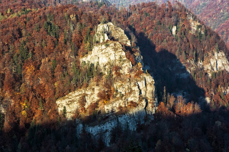 The rock in autumn forest by sunset in Harmanec, Slovakia, beaut