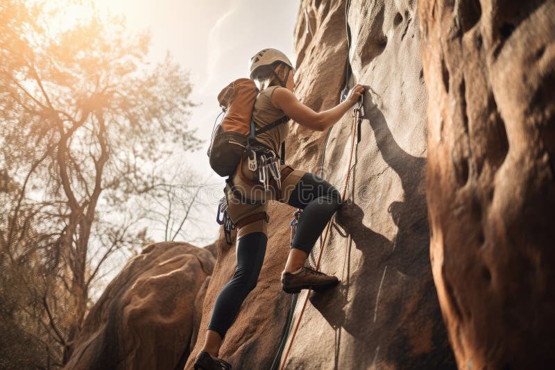 Rock Climber Scaling Vertical Wall with Backpack and Ropes Visible