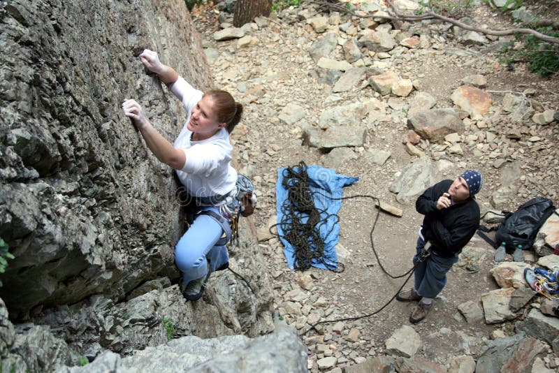 Rock climbing couple have fun