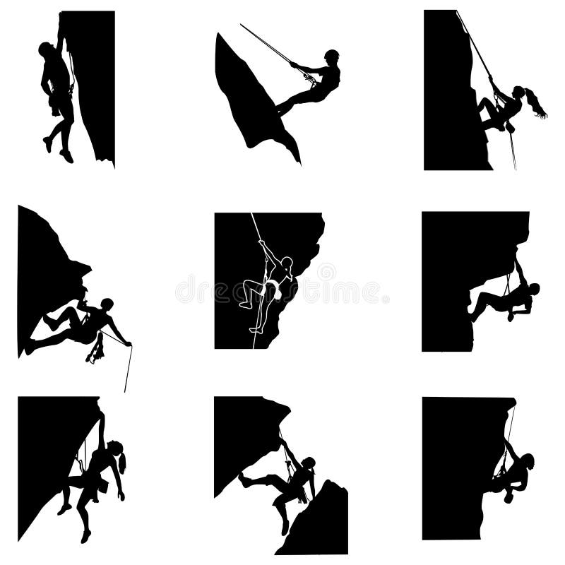 Rock climbing silhouette man and woman, climb to mountain with rope