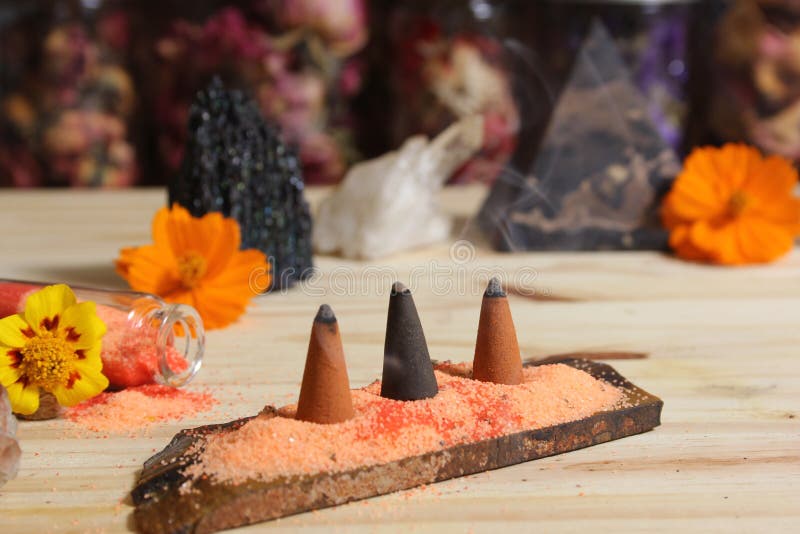 Rock Crystal with Incense and Stone Pyramid on Meditation Altar Stock