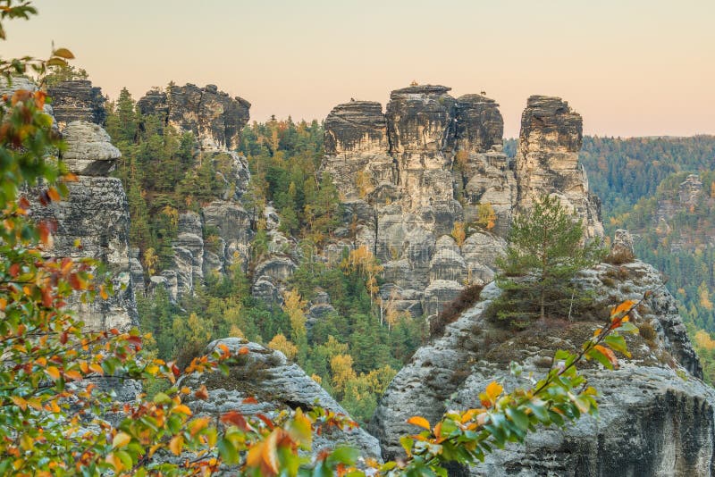 Rock Formation Elbe Sandstone Mountains With Trees In The Foreground In