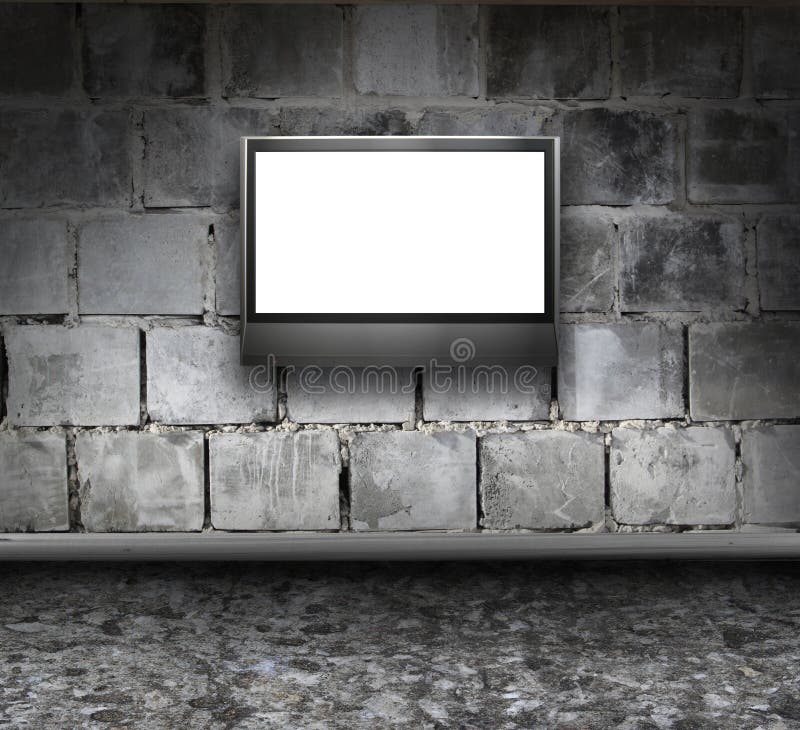 Rock grunge interior with stone floor and LCD tv. Tv wall pattern illustrations