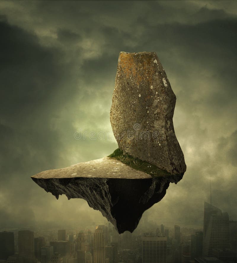 Rock Hovering Over the City Stock Illustration - Illustration of water,  clouds: 216228138