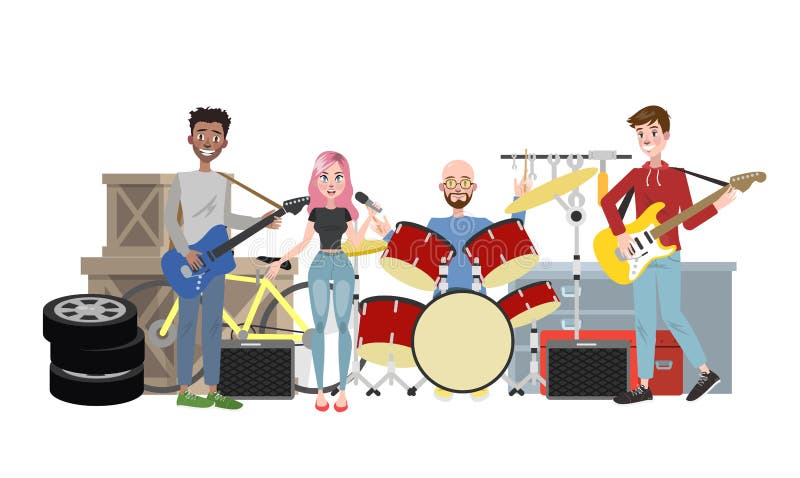 Rock music band play song on the street. Young musician make a show. Playing guitar and drum. Female singer with pink hair. Isolated vector flat illustration