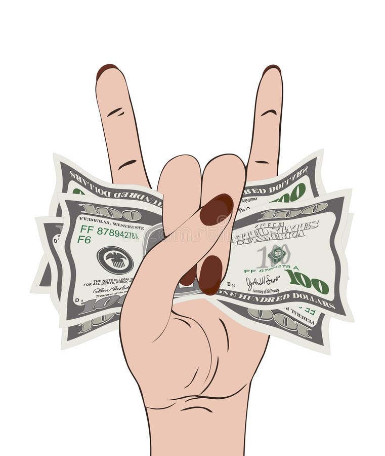 Rock-n-roll hand gesture with clutched currency USA. Hand grasping several of dollars. Heavy metal sign with money. Vector illustration isolated on white background. Square location.