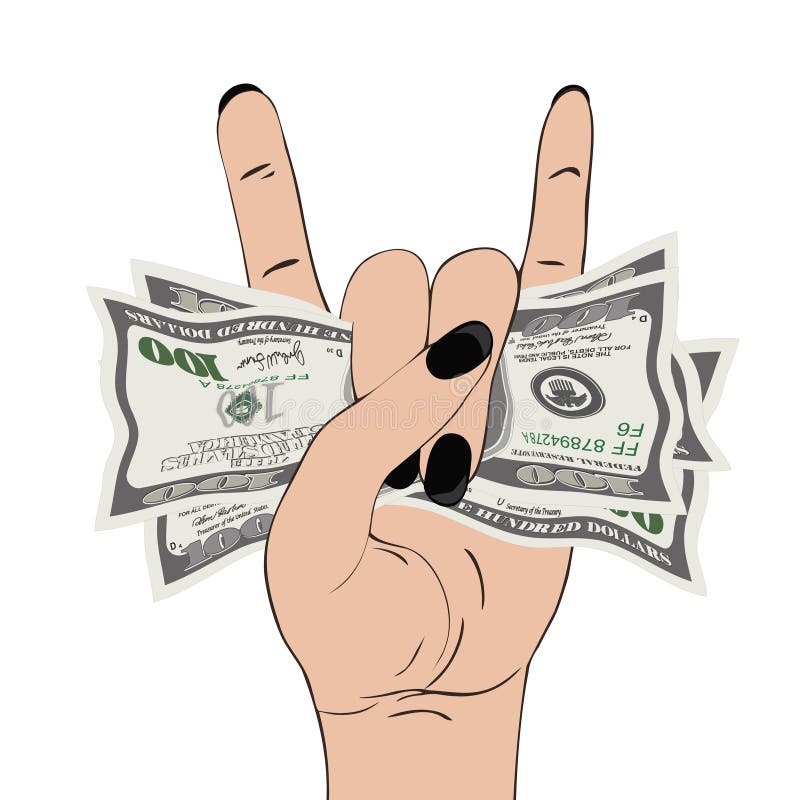 Rock-n-roll hand gesture with clutched currency USA. Hand grasping several of dollars. Heavy metal sign with money. Vector illustration isolated on white background. Square location.