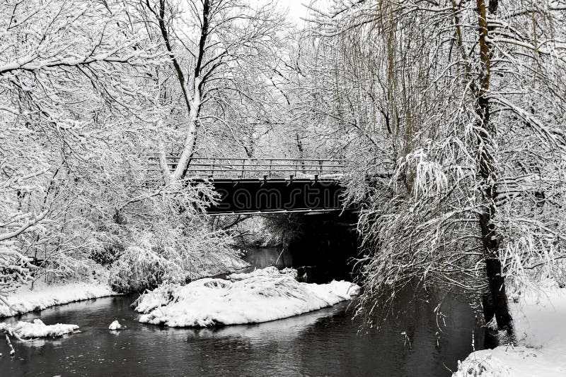 Rock River In Winter Snow With Bridge Genoa City Wi Stock Image Image Of Train White