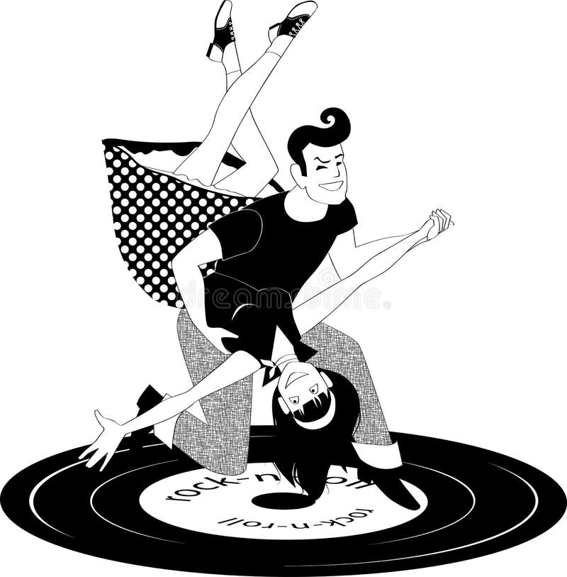 Couple dressed in 1950s style clothes dancing rock'n'roll, vector black and white illustration. Couple dressed in 1950s style clothes dancing rock'n'roll, vector black and white illustration