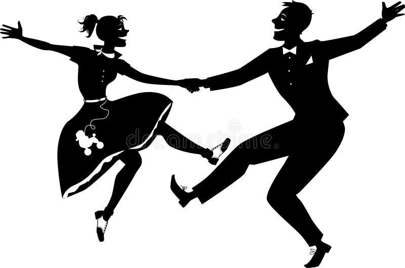 Black vector silhouette of a couple dressed in 1950s fashion dancing rock and roll, no white, will look the same on any color background. Black vector silhouette of a couple dressed in 1950s fashion dancing rock and roll, no white, will look the same on any color background