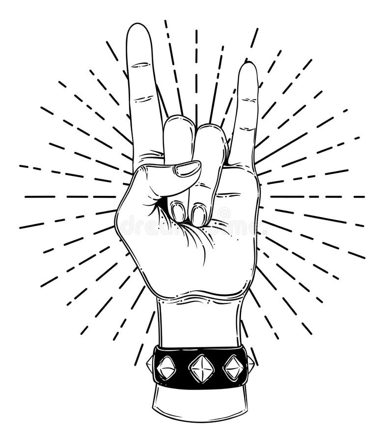 Rock and roll sign. Hand drawn illustration of human hand showing sign of the horns royalty free illustration Rock and roll sign. Hand drawn illustration of human hand showing sign of the horns royalty free illustration