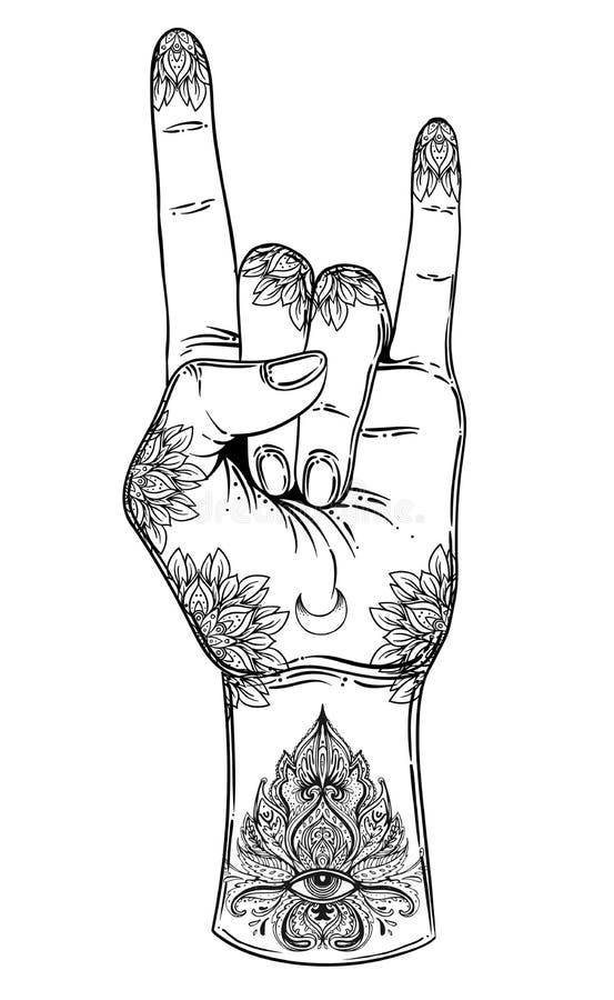Rock and roll sign. Hand drawn illustration of human hand showing sign of the horns royalty free illustration Rock and roll sign. Hand drawn illustration of human hand showing sign of the horns royalty free illustration