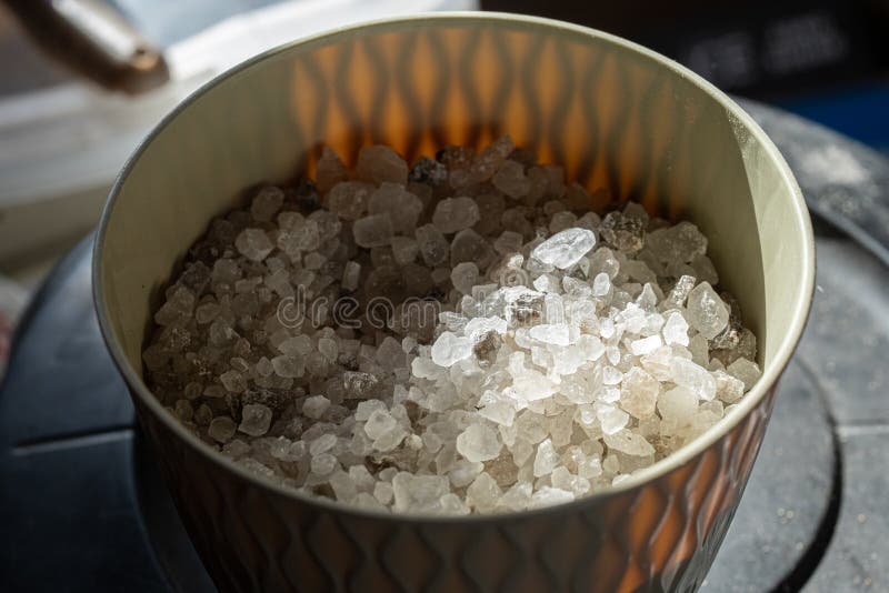 Rock Salt Crystals in a Bucket are Ready for a Close Up Stock Image