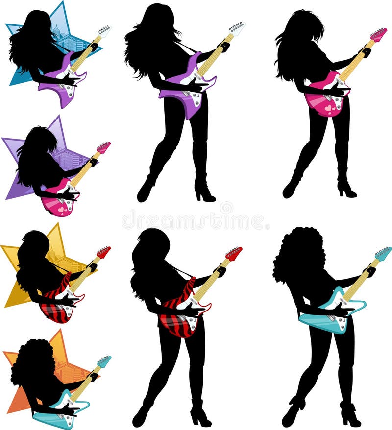 Rock star guitarist girl silhouettes set