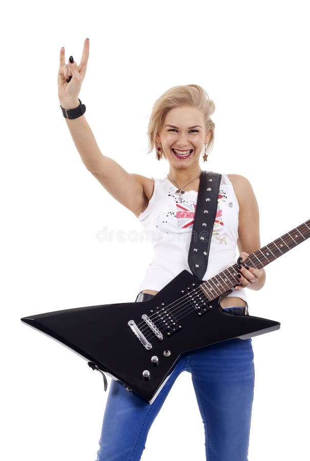 Rock star woman gesturing rock sign over white