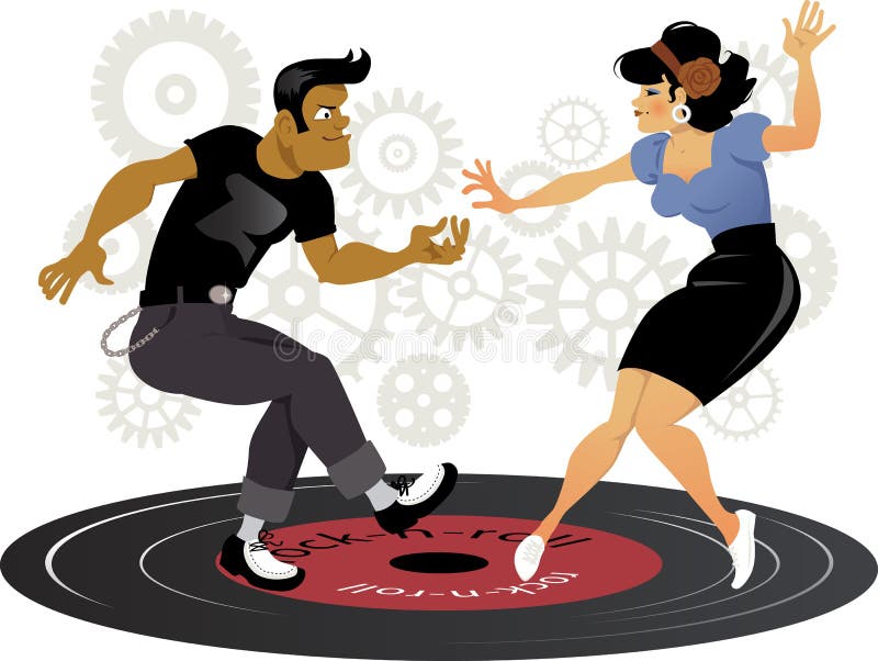 Cartoon rockabilly couple dancing on a vinyl record, gears on the background, ESP 8 vector illustration, no transparencies, no mesh. Cartoon rockabilly couple dancing on a vinyl record, gears on the background, ESP 8 vector illustration, no transparencies, no mesh