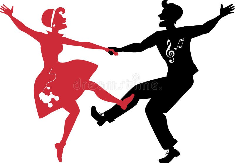 Red and black silhouettes of a couple dressed in 1950s fashion dancing rock and roll, no white objects, EPS 8. Red and black silhouettes of a couple dressed in 1950s fashion dancing rock and roll, no white objects, EPS 8