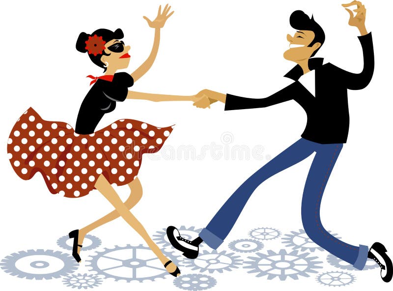 Cartoon couple dressed in rockabilly style fashion, dancing rock and roll, vector illustration, no transparencies, EPS 8. Cartoon couple dressed in rockabilly style fashion, dancing rock and roll, vector illustration, no transparencies, EPS 8