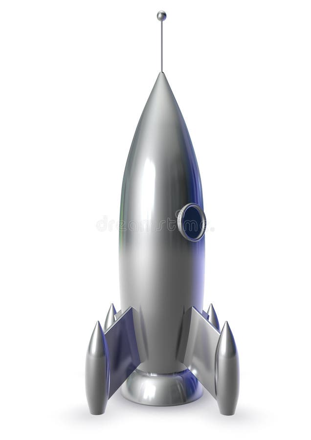 3D rendering of a shiny metallic Rocket isolated on white background