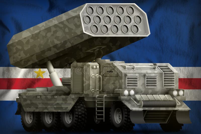Rocket artillery, missile launcher with grey camouflage on the Cabo Verde national flag background. 3d Illustration vector illustration Rocket artillery, missile launcher with grey camouflage on the Cabo Verde national flag background. 3d Illustration vector illustration