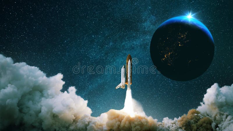 Rocket takes off into space with the planet. Spacecraft performs the space mission. Ship takes off into the starry sky. Rocket takes off into space with the planet. Spacecraft performs the space mission. Ship takes off into the starry sky