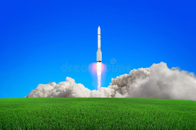 A modern rocket takes off blue into the sky. The concept of flight. A modern rocket takes off blue into the sky. The concept of flight