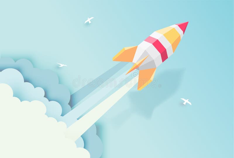 Rocket, globe, cloud, sky, paper art style with pastel color