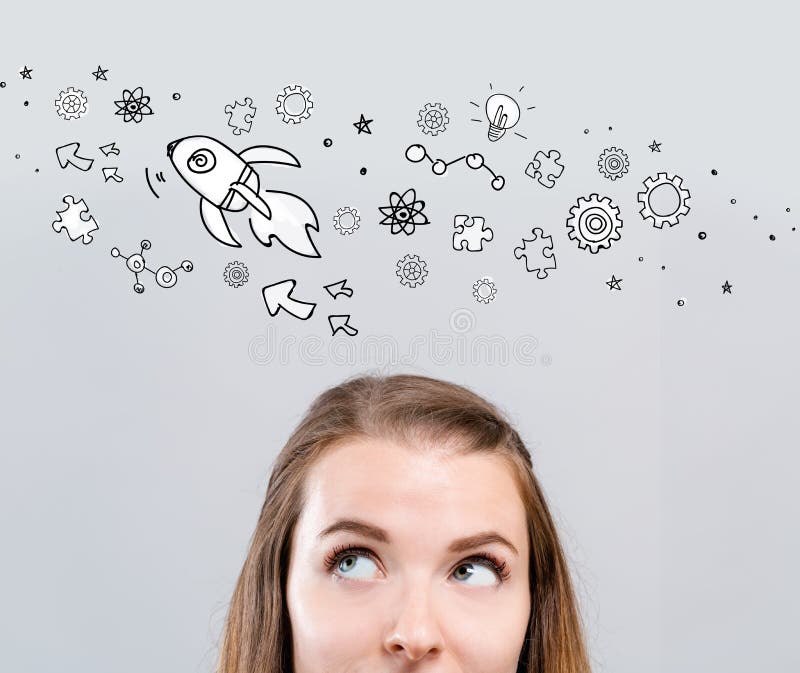 Rocket illustration with young woman royalty free stock photo Rocket illustration with young woman royalty free stock photo