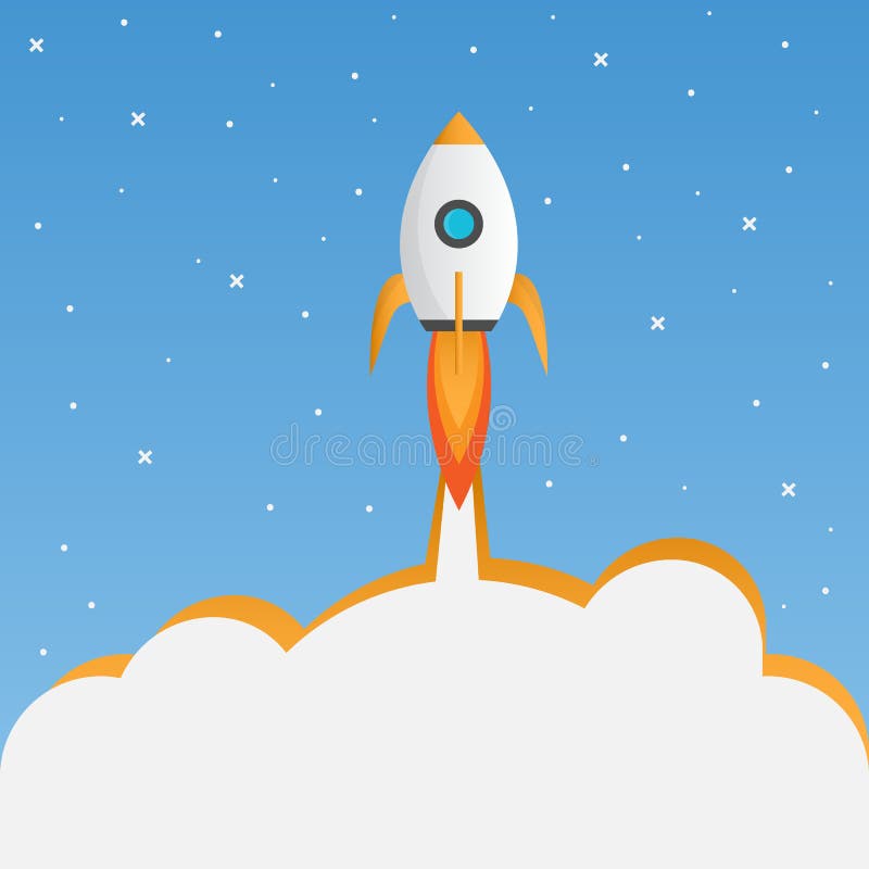 Rocket Launch In Blue Sky, Business Startup Concept, Vector, Square