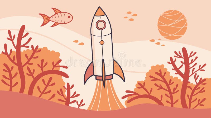 Rocket Launch från Red Forest med vektordesign för flygande fiskvektor Generativ AI stock illustrationer
